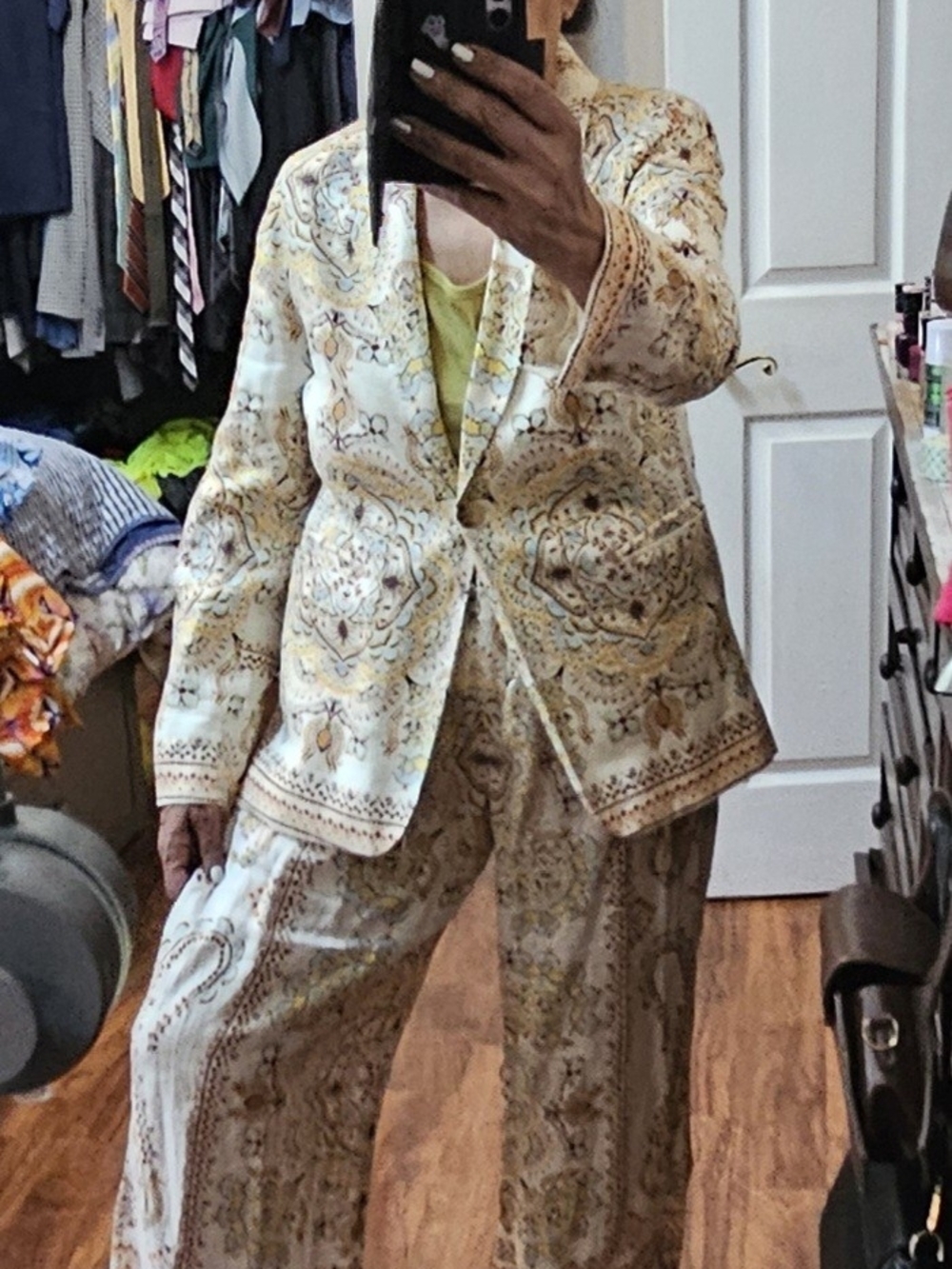 Magaschoni Linen Paisley Blazer And Wide Leg Pants in Cream, Gold & Light Blue